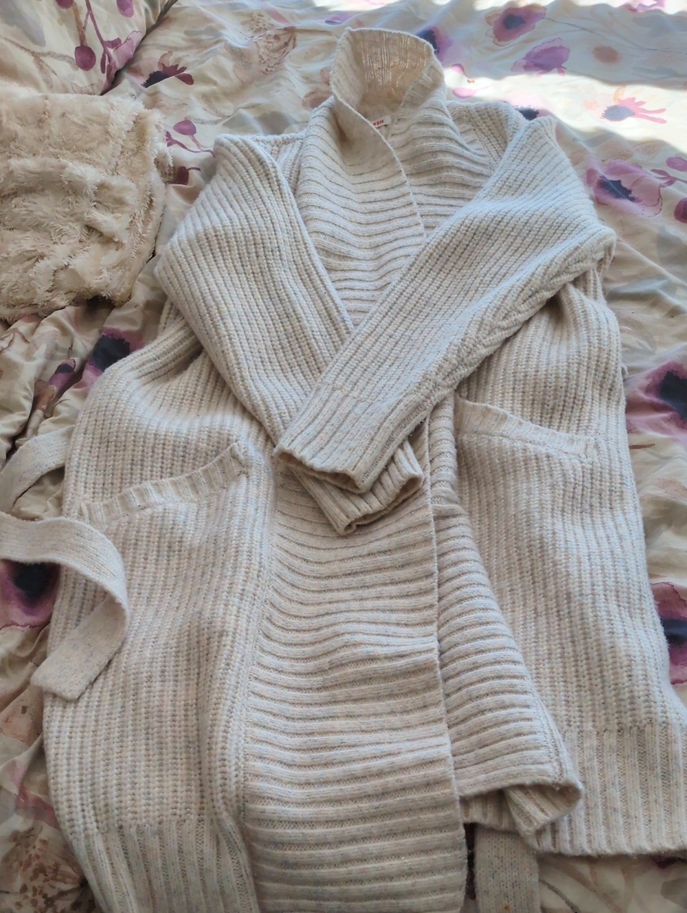 Cozy Cream Ribbed Open-Front Women's Sweater 3/4 Cardigan